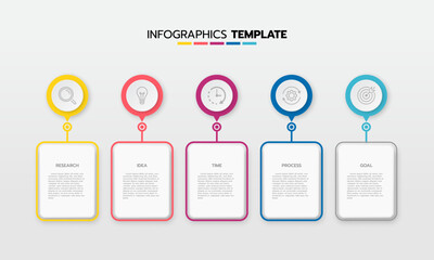 Business infographic template process with simple geometry square, rectangle, circle, triangle, curves in flat design template with thin line icons and 5 options or steps. Vector illustration.