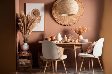 Stylish boho vintage dining room interior with poster mock up. Round table with chair, vase with dried flowers. Brown wall and straw lamp. Mock up poster. Template. Generative AI