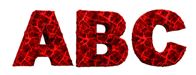 Horror blood alphabet. Damaged letters a, b, c, red. 3D render. White background.