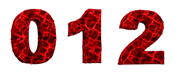 Horror blood alphabet. Damaged letters red. 0, 1, 2, numbers, 3D render. White background.