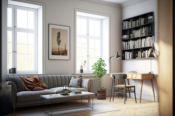 Fototapeta premium Interior of a light living room with a sofa and armchair, a coffee table with books and a vase, a window facing the front, carpet, and hardwood floors. space for copies on a white wall,. Generative AI