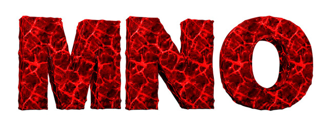 Horror blood alphabet. Damaged letters m, n, o, red. 3D render. White background.