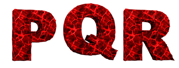 Horror blood alphabet. Damaged letters p, q, r, red. 3D render. White background.