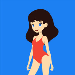 Cute girl, woman in red swimsuit. Cartoon character. Vector illustration