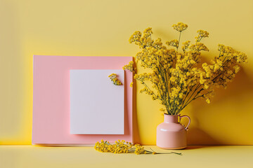 Pink backdrop with colorful books, flowers, and a message card made of yellow paper. interior design. Generative AI