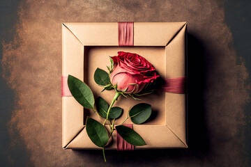 Kraft gift box with a lovely red ribbon and rose, copyspace, topview, and a greeting for Valentine's Day, an anniversary, Mother's Day, and a birthday. Generative AI