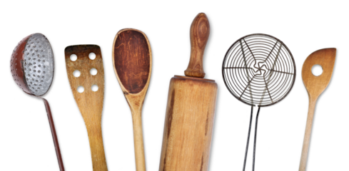 Different kitchen utensils for cooking, transparent background