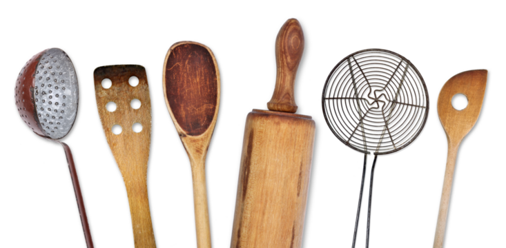 Different kitchen utensils for cooking, transparent background
