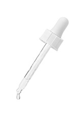 Cosmetic pipette with a white cap at an angle with dripping and flowing liquid. Hyaluronic acid. Serum for the face. Moisturizing.