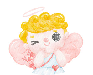 cute watercolour happy cheerful smile Valentine love cupid boy blonde curly hair