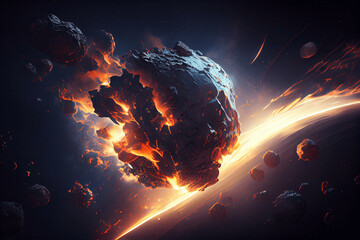 Fototapeta na wymiar Asteroid explodiert über einem Planeten