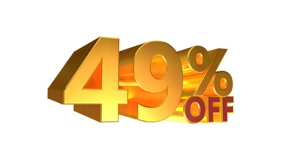 49% off on sale. Gold percent isolated on white background. 3d rendering. 