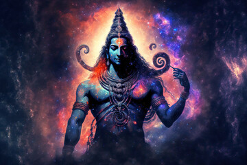 Lord Shiva in a transcendental spiritual image against the background of the cosmos. Mahamaya. Gurudeva. electronic art. Generative AI - obrazy, fototapety, plakaty
