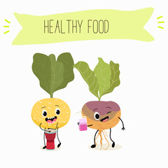 Vector Illustration with funny cartoon characters swede, rutabaga, turnip. Funny and healthy food. Vitamins, cute face food, ingredients, vegetarian, vector cartoon, antioxidant.