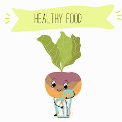 Vector Illustration with funny cartoon characters swede, rutabaga, turnip. Funny and healthy food. Vitamins, cute face food, ingredients, vegetarian, vector cartoon, antioxidant.