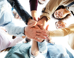 holding young man woman student together hand team teamwork friendship unity startup hands woman...