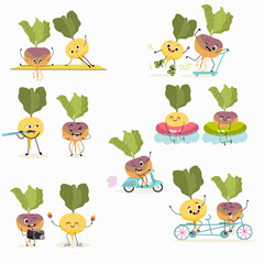 Obraz premium Vector Illustration with funny cartoon characters set of swede, rutabaga, turnip, collection of characters doing sports, playing musical instruments, riding. Funny and healthy food. 