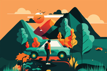 Organic colorful vector illustration with car mountain and trees