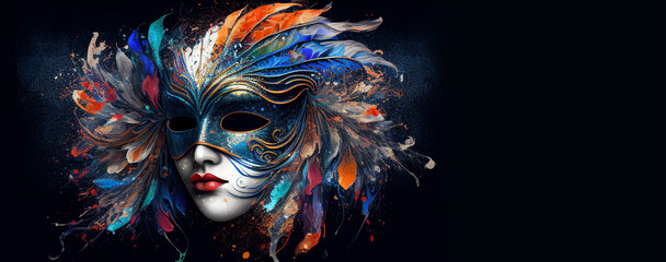Venetian mask carnival colorful splash art masquerade mardi gars banner copy space on black illustration. Generative AI