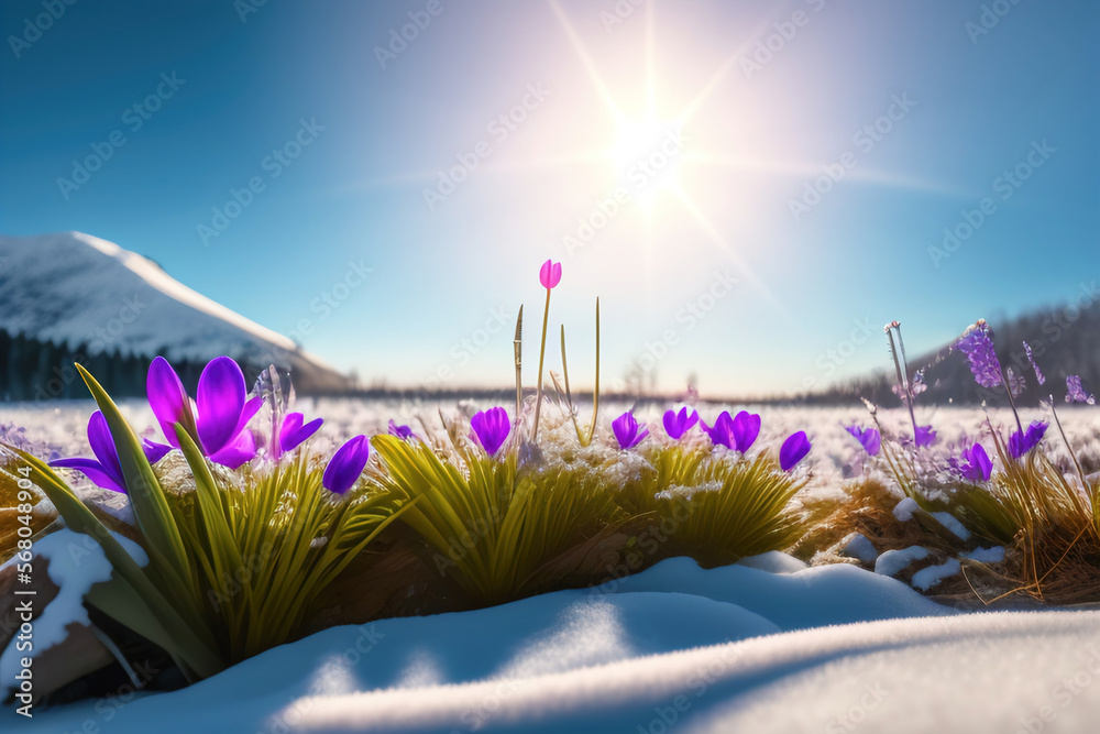 Aufkleber spring landscape with first flowers purple crocuses on the snow in nature in the rays of sunlight. g