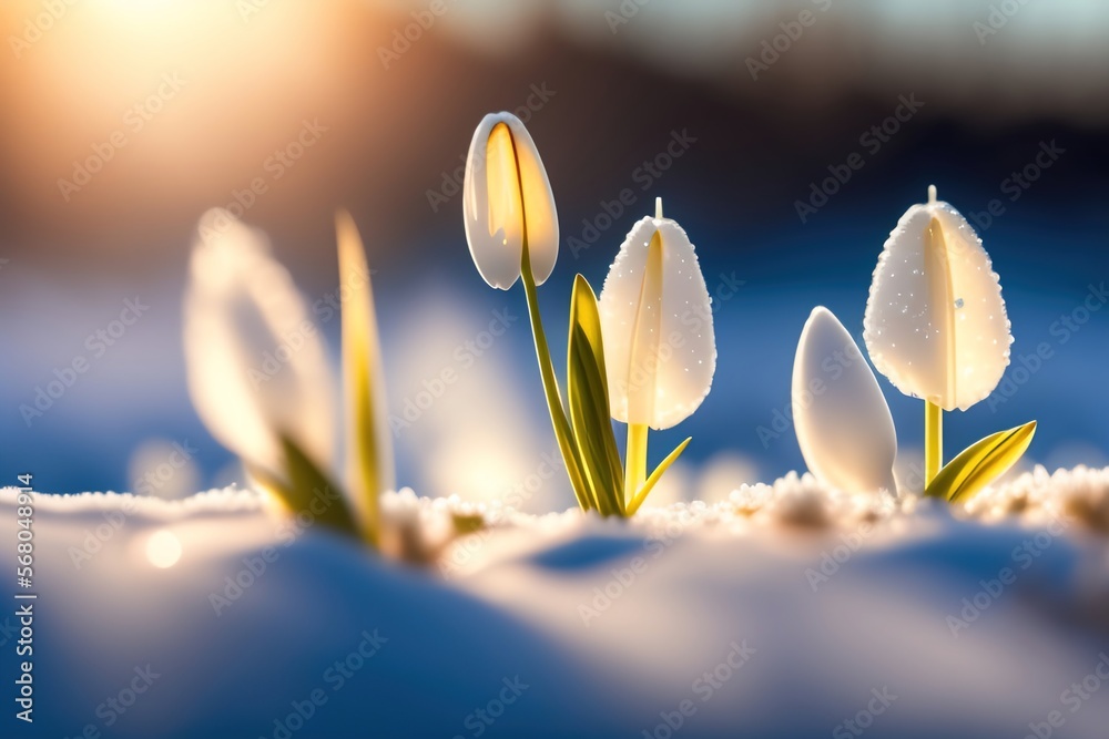 Poster the first spring flowers snowdrops on the snow in nature in the rays of sunlight close-up macro. gen