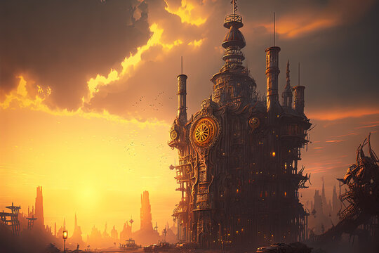 sunset in the steampunk city, postapocalypse