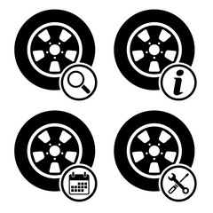 Set of Auto car wheel icon, vehicle tire rim symbol, automotive race sport sign vector illustration