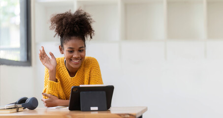 Black girl student online learning class study online video call remotely with teacher, girl...