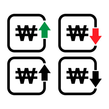 Set of cost symbol won increase and decrease icon. Money vector symbol isolated on background