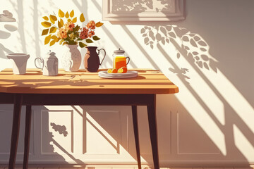 Table background of free space and kitchen interior.White wall with shadows and sunny warm morning time.Copy space for your composition. Generative AI