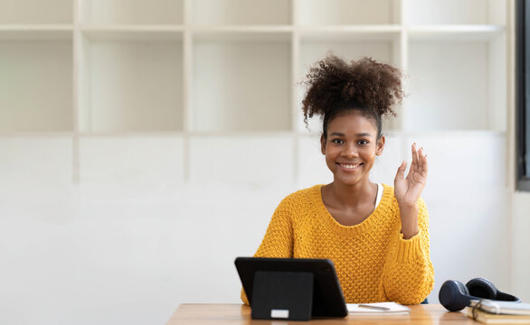 Black Girl Student Online Learning Class Study Online Video Call Remotely With Teacher, Girl Learning Language Online With Computer Laptop