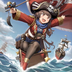 Obraz premium cheerful, mischievous pirate girl, wearing a hat, taking a selfie on a sailing boat, dynamic pose, art, cartoon, generated in AI