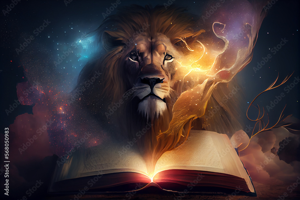 Wall mural head of a lion appearing out of book of revelation. generative ai - Wall murals