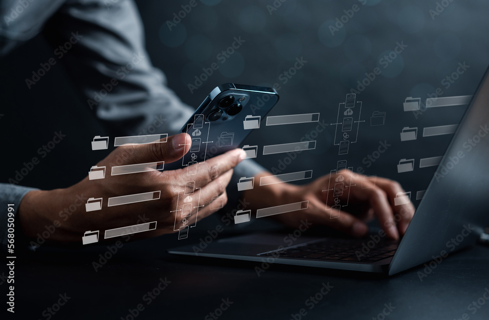 Poster Document Management System, online documentation database and process automation to efficiently manage files, documentation in enterprise with ERP. Corporate business technology, DMS