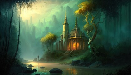 Hidden Temple deep in the Jungle, Concept Art, Digital Illustration, Generative AI