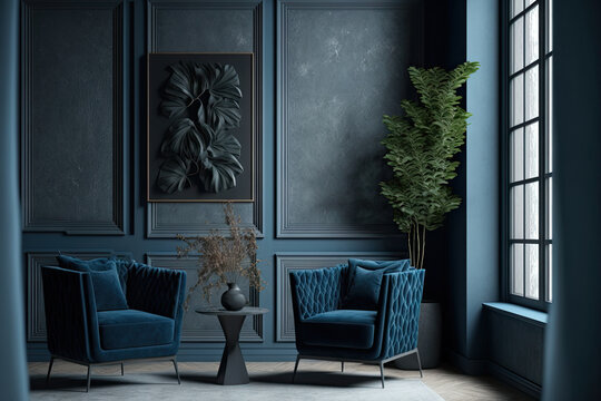 Luxury living room in dark color. Gray walls, warm ligh and lounge furniture blue navy chairs. Empty space for art or picture. Rich interior design. Microcement plaster stucco. Generative AI