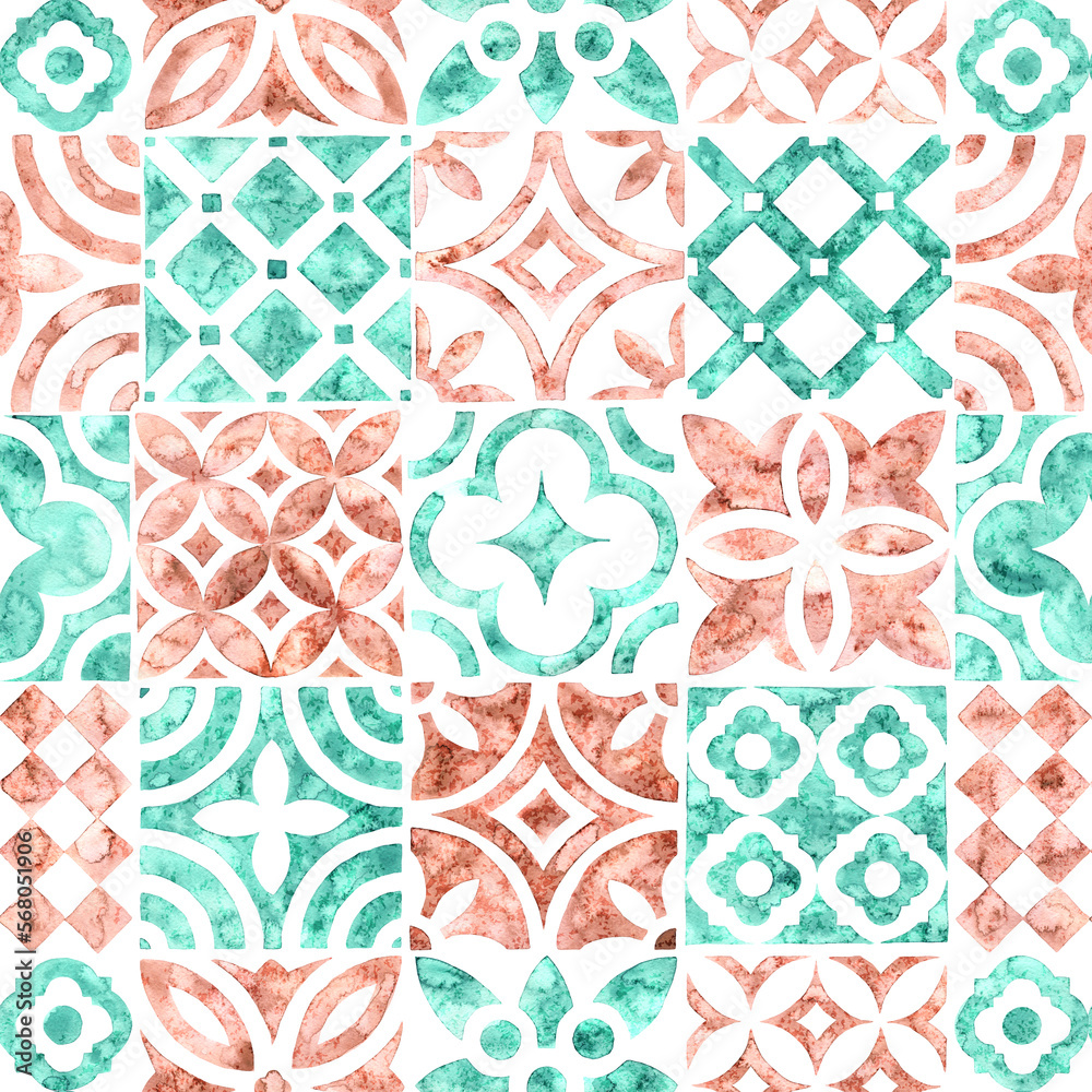 Wall mural seamless watercolor pattern. a set of ceramic tiles. mint and bronze colors on a white background. v