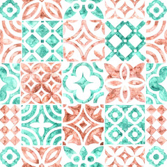 Seamless watercolor pattern. A set of ceramic tiles. Mint and bronze colors on a white background. Vintage paper texture.
