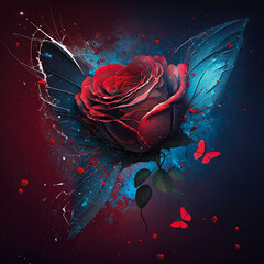 Rote Rose Design mit Schmetterlingen - Generative AI