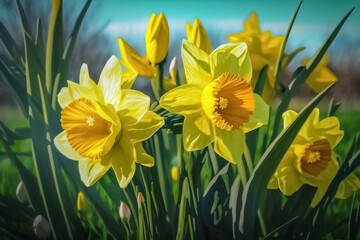 Obraz premium Spring flower background Daffodils against a clear blue sky. Beautiful blurred spring background nature. generative AI