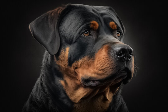 Portrait photo of an adorable Rottweiler dog. Rottweiler closeup view. Confident purposeful Rottweiler Dog. A beautiful dog photo for advertises. generative AI

