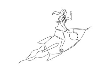 Fototapeta premium Continuous single one line drawing art of business woman riding flying rocket up. Vector illustration of woman success launching startup business. Booster business growth line art design.