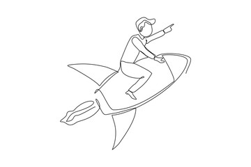 Continuous single one line drawing art of businessman riding flying rocket up. Vector illustration of man success launching startup business. Booster business growth line art design.