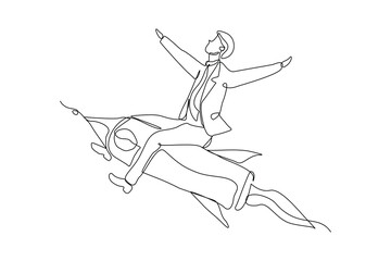 Continuous single one line drawing art of businessman riding flying rocket up. Vector illustration of man success launching startup business. Booster business growth line art design.