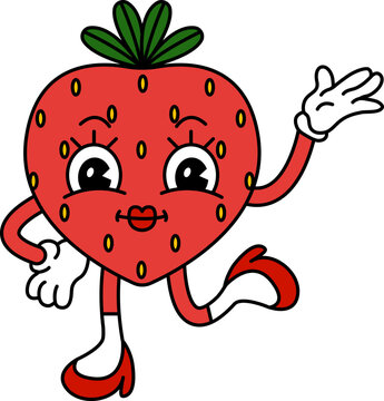 Funny fruit character in trendy retro cartoon style. Vector illustration of strawberry isolated on white background.