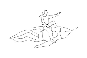 Continuous single one line drawing art of business woman riding flying rocket up. Vector illustration of woman success launching startup business. Booster business growth line art design.