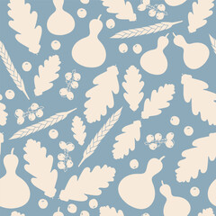 Seamless vector repeat pattern, with silhouettes of oak leaves, wheat, gourds and berries, over a pastel blue background. 