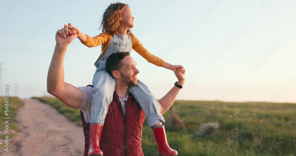 Wall mural Happy, father and child on shoulders in the countryside enjoying quality bonding time together in nature. Dad giving his little girl a piggyback with smile, love and care for the natural environment