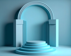 Abstract blue background with stairs, 3d render illustration. Computer digital drawing. Generative AI