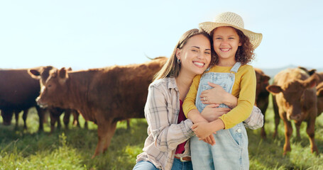 Farming, child and mother with kiss on a farm during holiday in Spain for sustainability with cattle. Portrait of happy, smile and travel mom and girl with love while on vacation on land with cows - Powered by Adobe